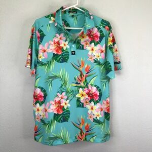 Bad Birdie Polo Shirt Mens L Tropical Floral Golf Performance Short Sleeve FLAW